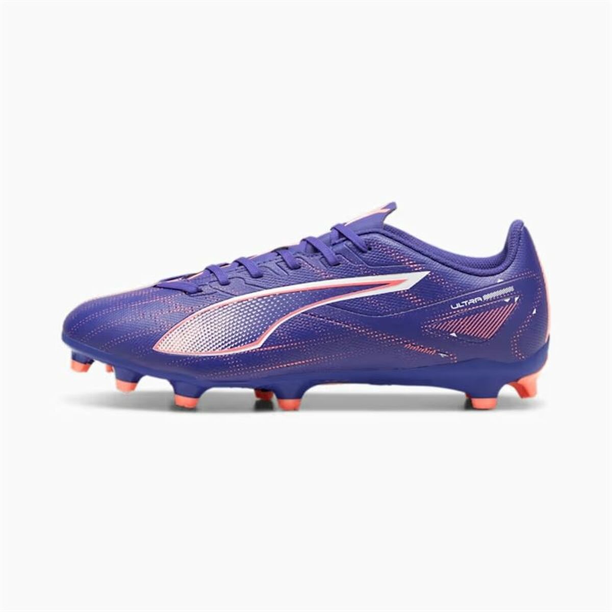 Adult's Puma Ultra 5 Play FG/AG football boots in purple with white logo and orange studs.