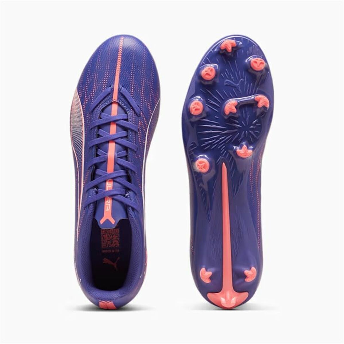 Purple Puma Ultra 5 Play FG/AG football boots with pink accents, top and bottom views.
