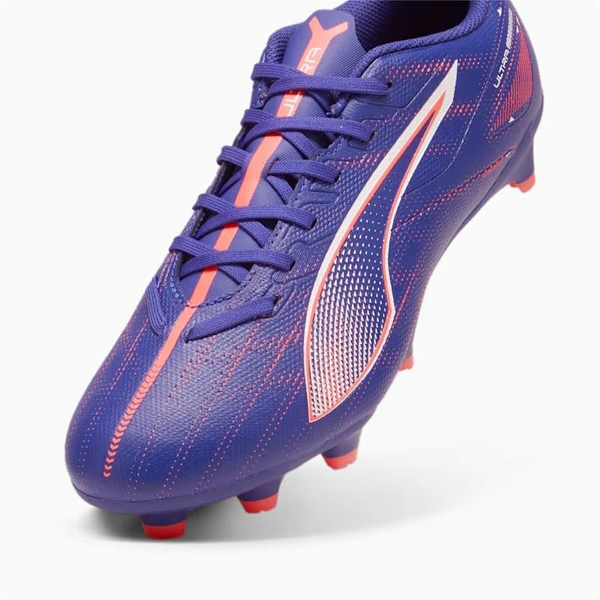 Puma Ultra 5 Play FG/AG purple adult football boots with orange detailing.