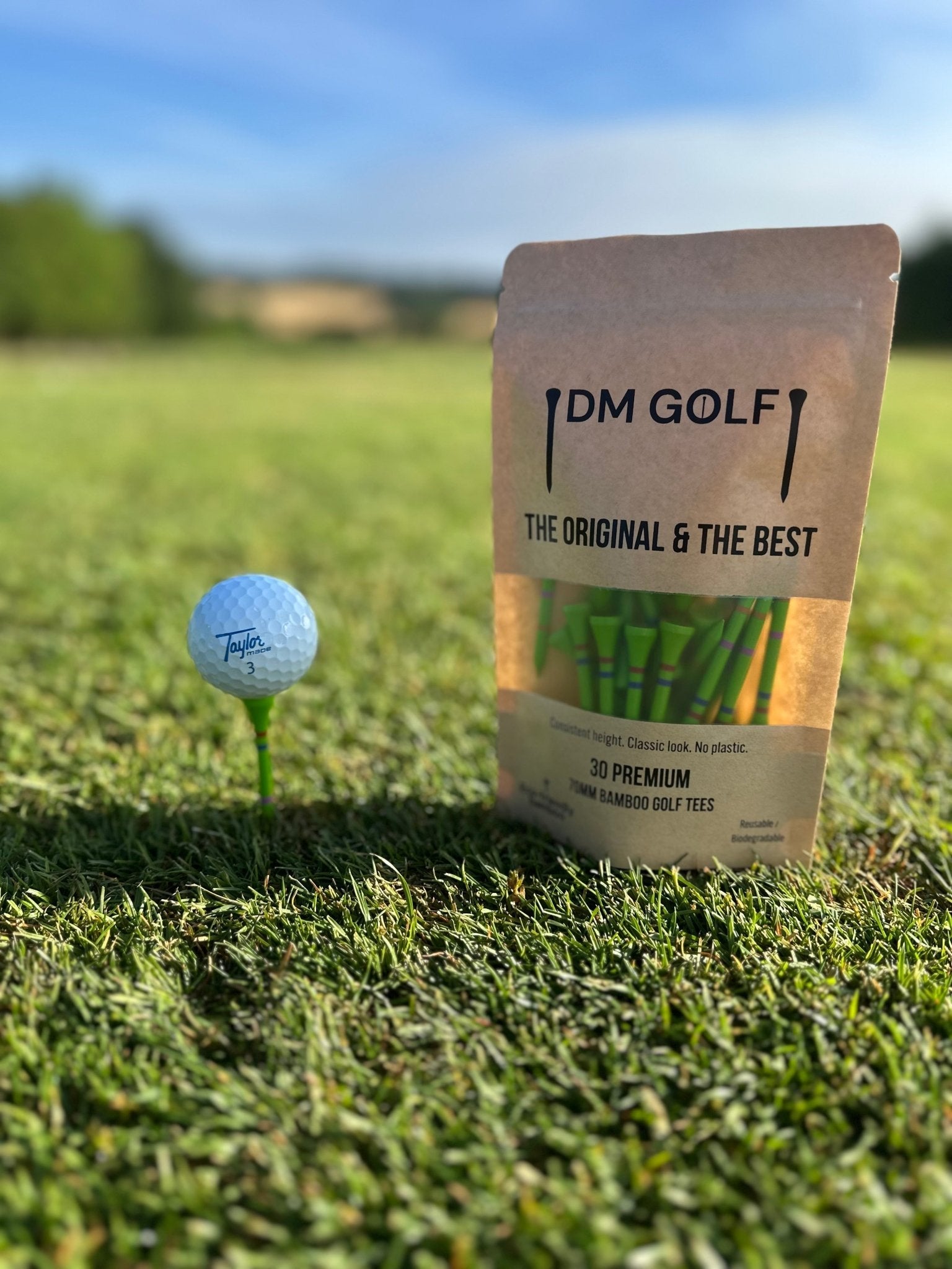 Go Green-Not A Castle Tee-Premium 70mm Bamboo Golf Tee With Orange, Pink & Red Castle Height Indicators-30 Pack