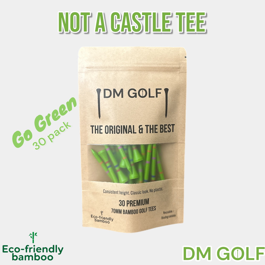 Go Green-Not A Castle Tee-Premium 70mm Bamboo Golf Tee With Orange, Pink & Red Castle Height Indicators-30 Pack